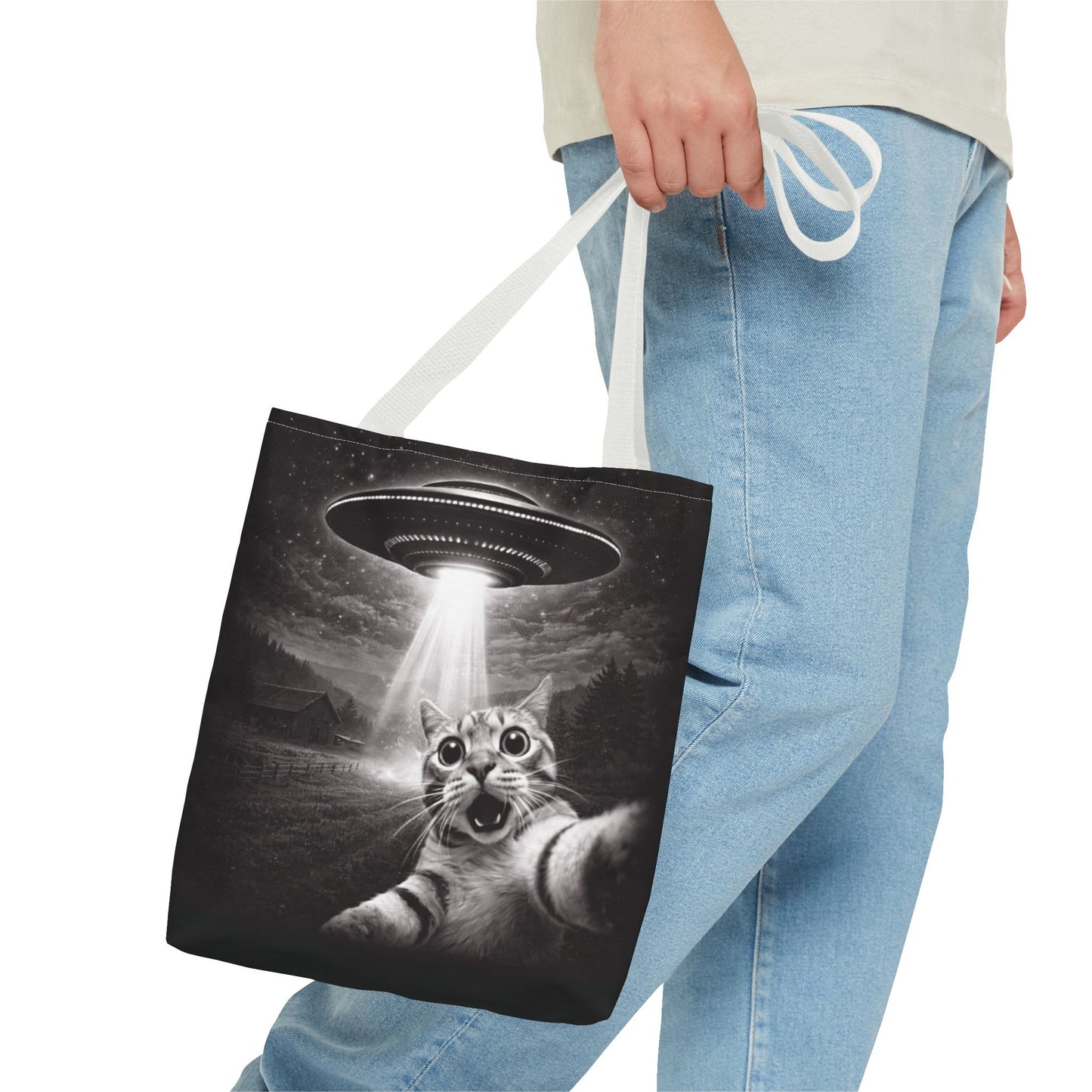 Alien Abduction Cat Tote Bag — Funny UFO Selfie Canvas Tote