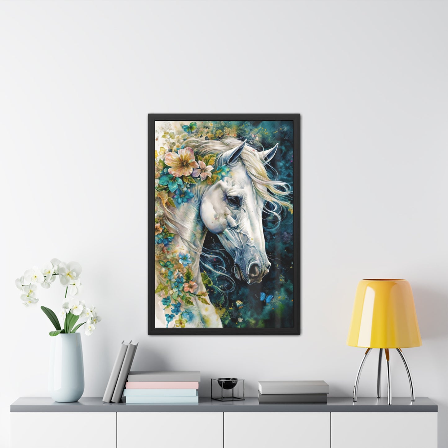 Floral White Horse Framed Poster | Equine Art Wall Decor