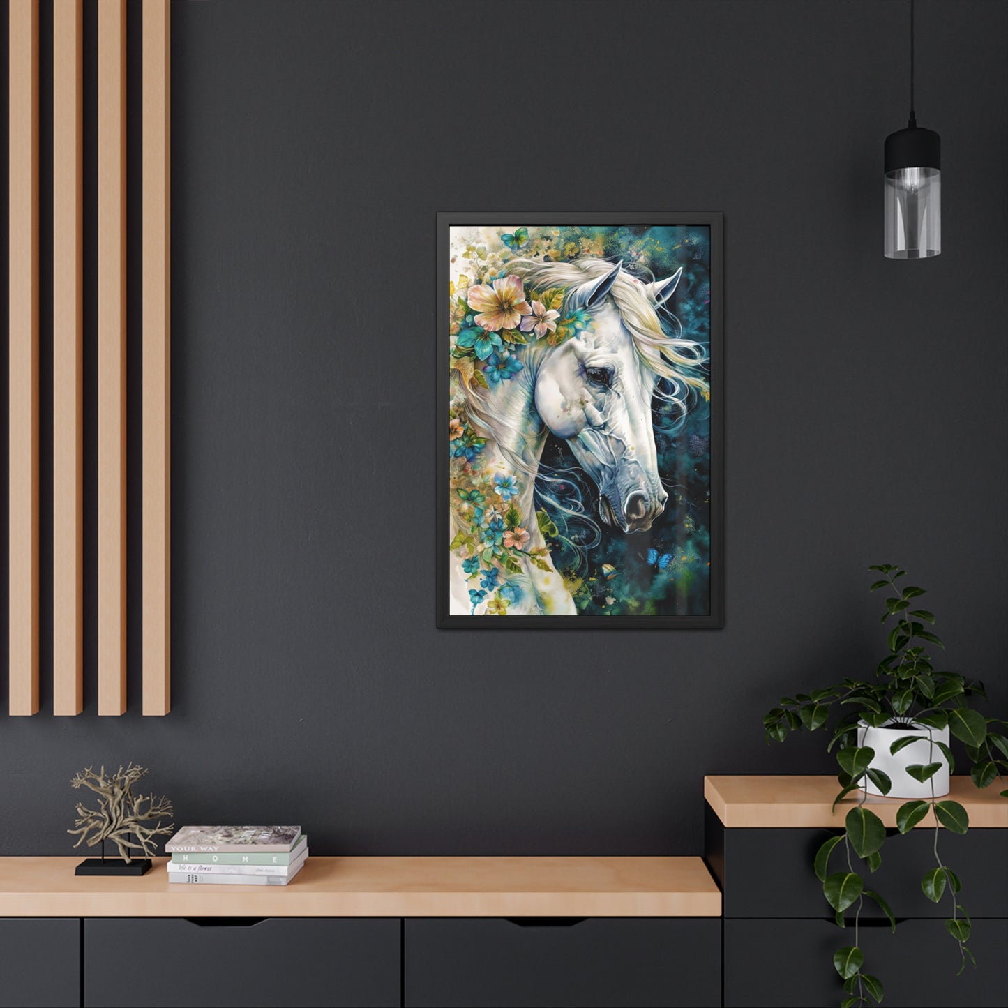 Floral White Horse Framed Poster | Equine Art Wall Decor