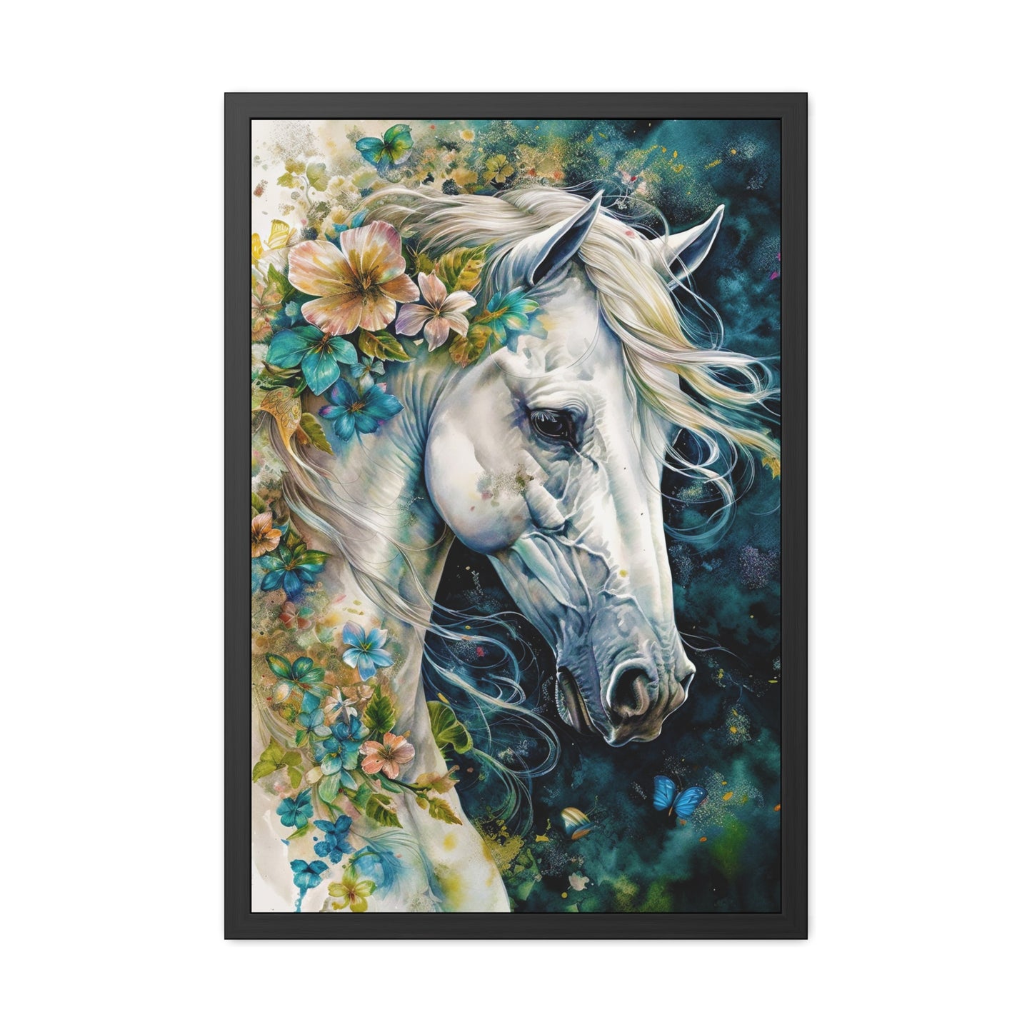 Floral White Horse Framed Poster | Equine Art Wall Decor