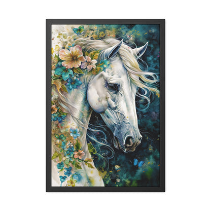 Floral White Horse Framed Poster | Equine Art Wall Decor