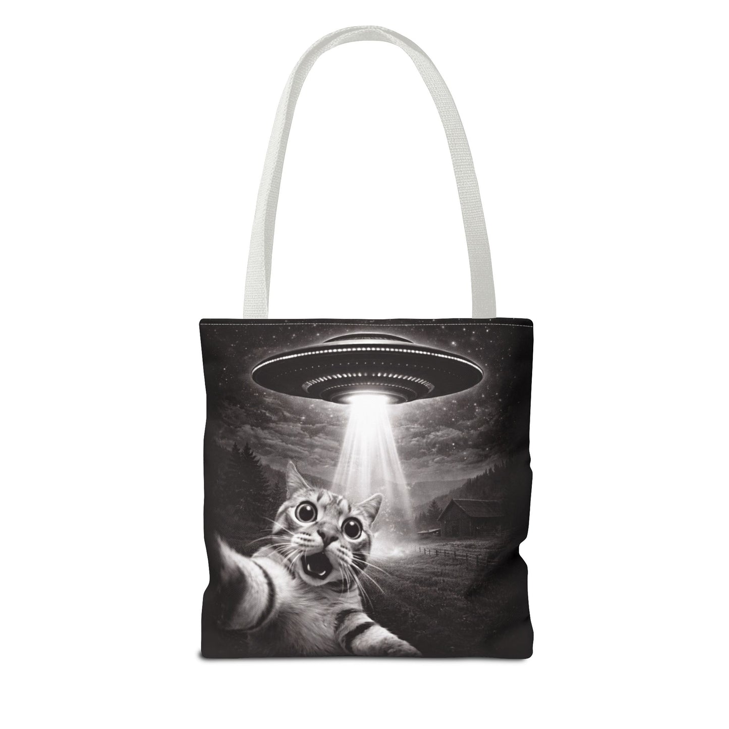 Alien Abduction Cat Tote Bag — Funny UFO Selfie Canvas Tote