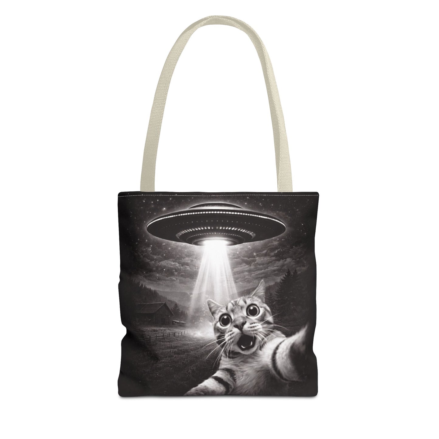 Alien Abduction Cat Tote Bag — Funny UFO Selfie Canvas Tote