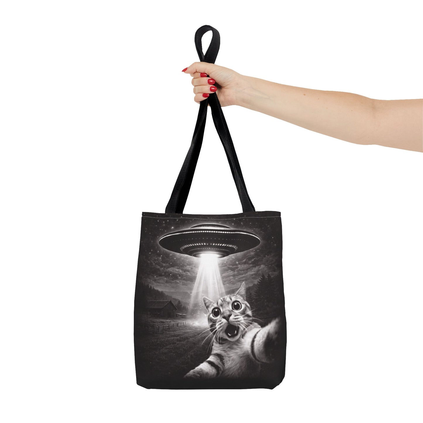 Alien Abduction Cat Tote Bag — Funny UFO Selfie Canvas Tote