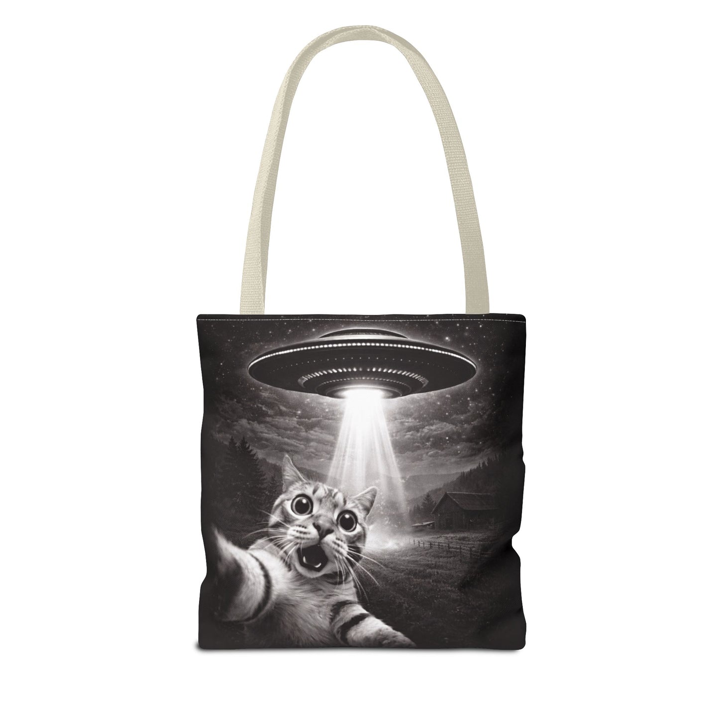 Alien Abduction Cat Tote Bag — Funny UFO Selfie Canvas Tote