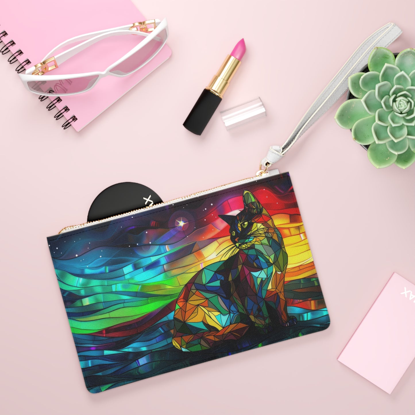 Stained Glass Cat Clutch Bag — Colorful Rainbow Cat Wristlet Purse