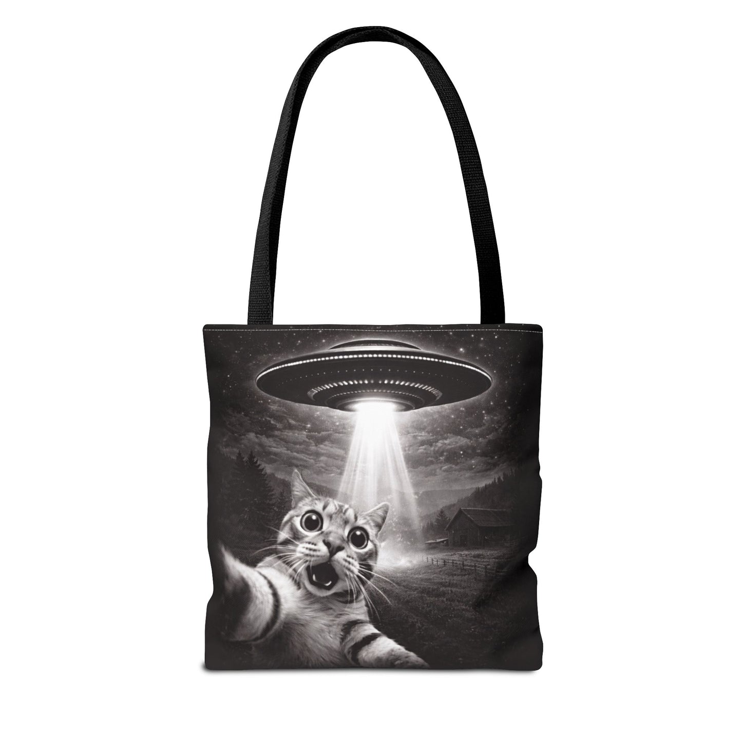 Alien Abduction Cat Tote Bag — Funny UFO Selfie Canvas Tote