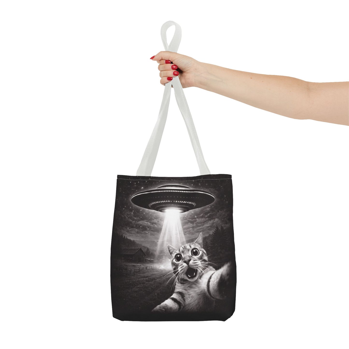 Alien Abduction Cat Tote Bag — Funny UFO Selfie Canvas Tote