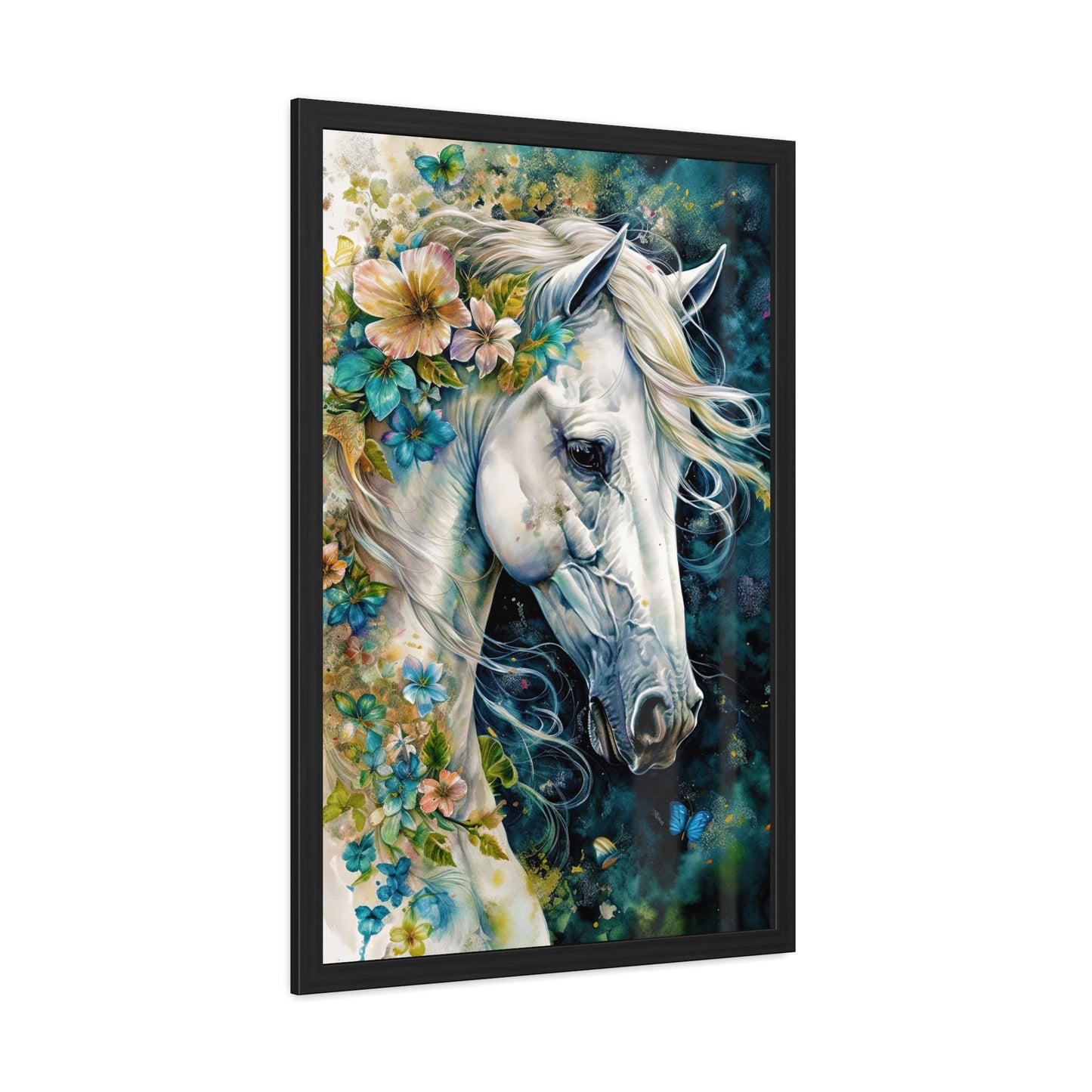 Floral White Horse Framed Poster | Equine Art Wall Decor