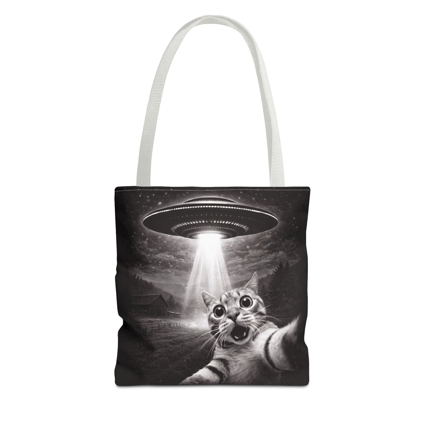 Alien Abduction Cat Tote Bag — Funny UFO Selfie Canvas Tote