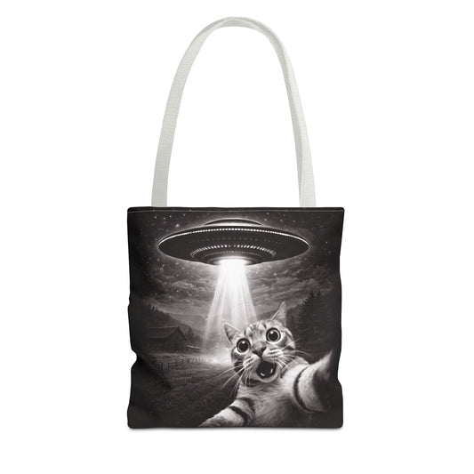 Alien Abduction Cat Tote Bag — Funny UFO Selfie Canvas Tote