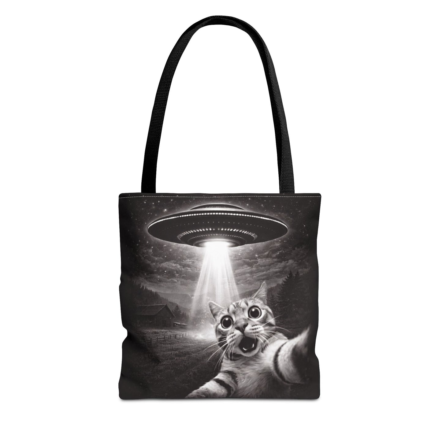 Alien Abduction Cat Tote Bag — Funny UFO Selfie Canvas Tote