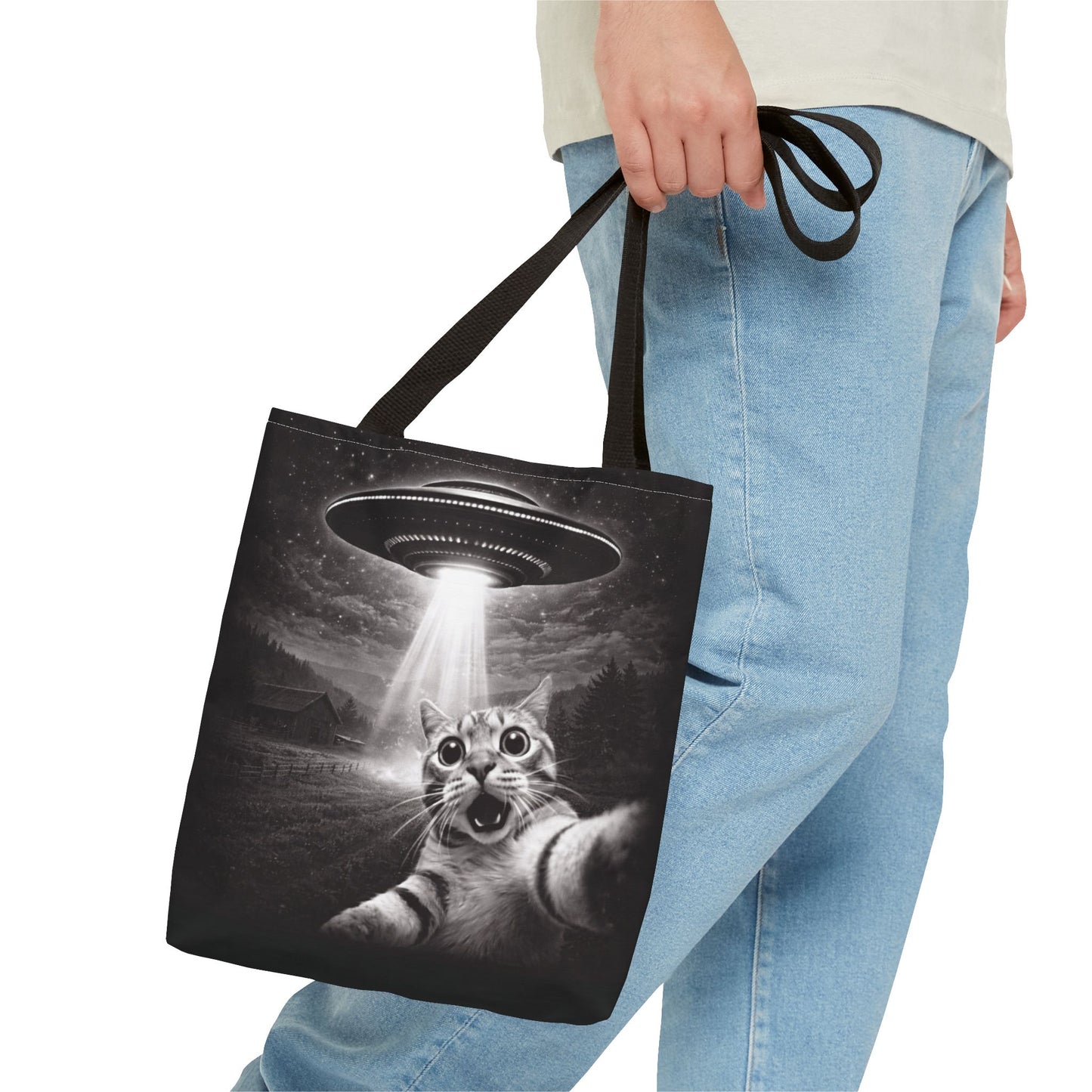 Alien Abduction Cat Tote Bag — Funny UFO Selfie Canvas Tote