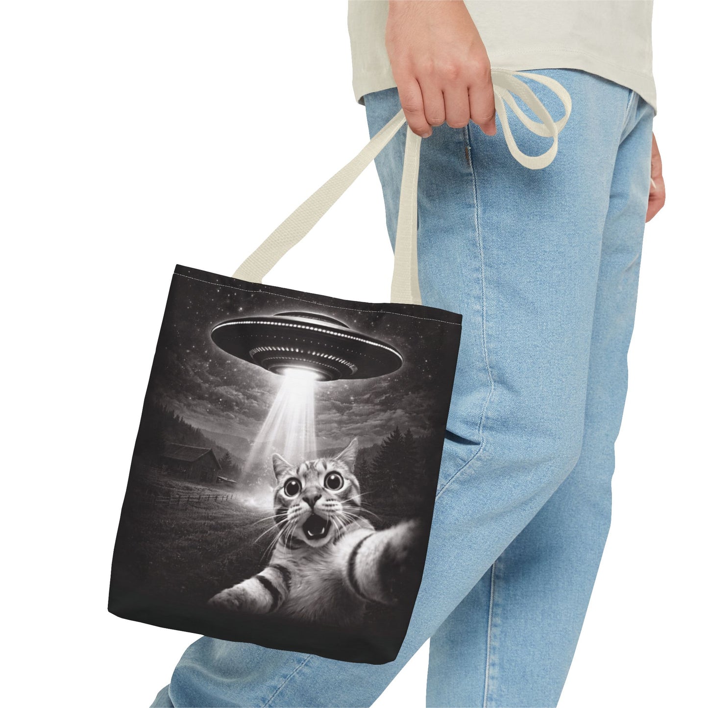 Alien Abduction Cat Tote Bag — Funny UFO Selfie Canvas Tote