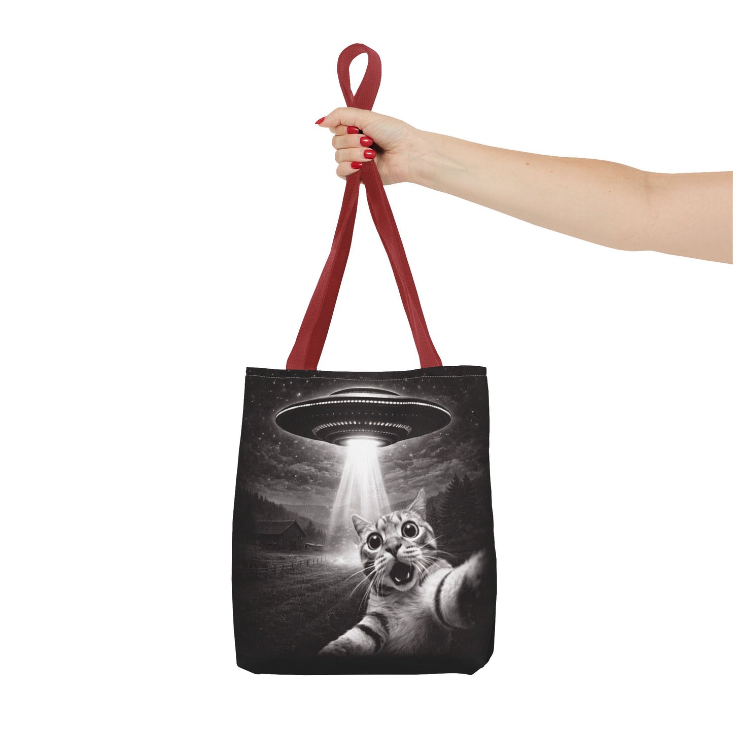 Alien Abduction Cat Tote Bag — Funny UFO Selfie Canvas Tote