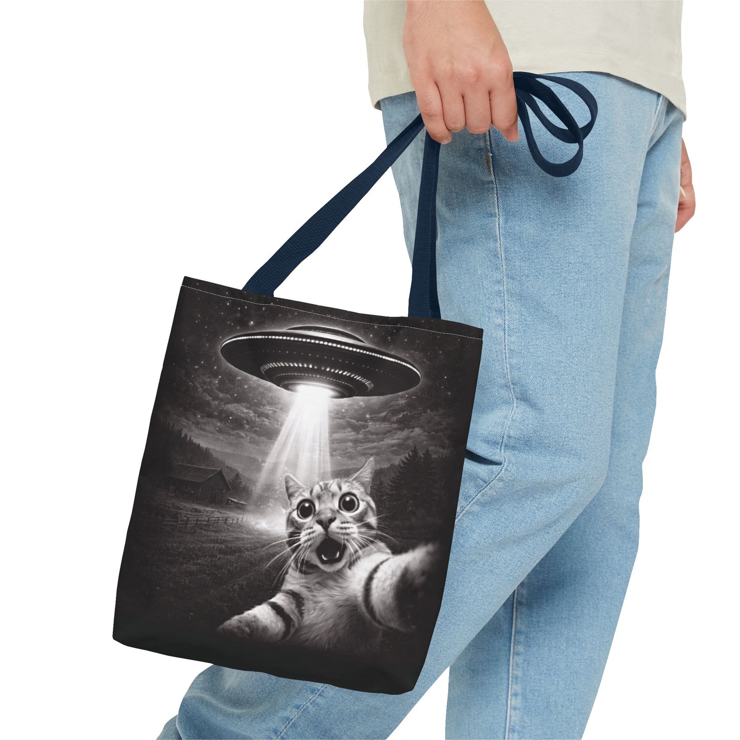 Alien Abduction Cat Tote Bag — Funny UFO Selfie Canvas Tote